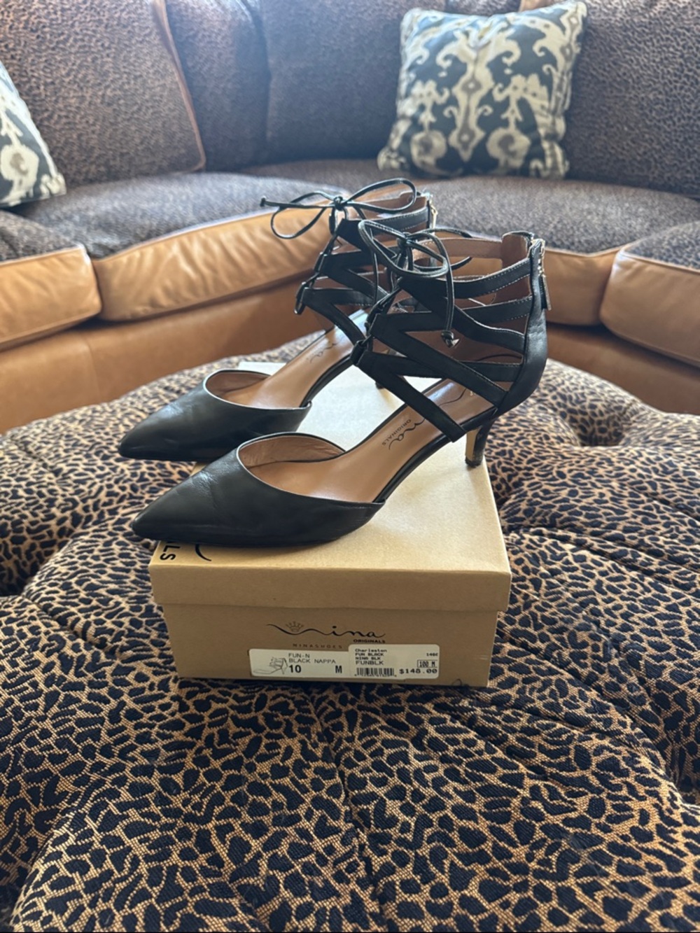 Nina Black Lace-Up Pointed Toe Kitten Heel Pumps